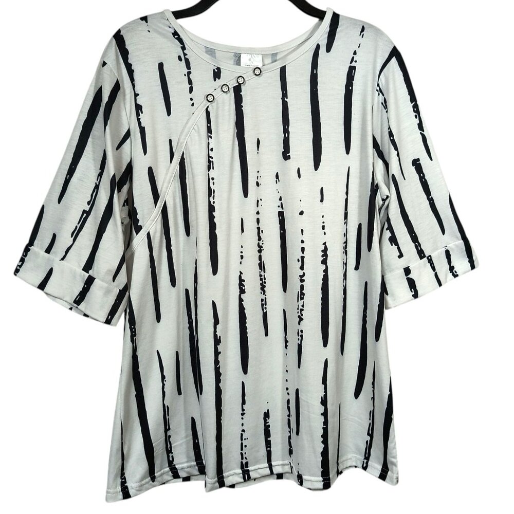 Women's Half Sleeve Top White Black Abstract Stripe Print Size Large